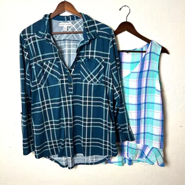 Set Of 2 Plaid Shirt Button Up Casual Pullover Blue White New York Laundry ANA L