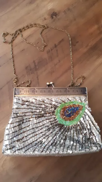 ~~Brand New Peacock Sequin Silver Beaded Handbag Clutch Bag Evening Bag~~