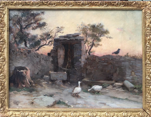 Tableau Peinture Cadre 19ème XIXème Paysage animalier Lever du jour rare ancien