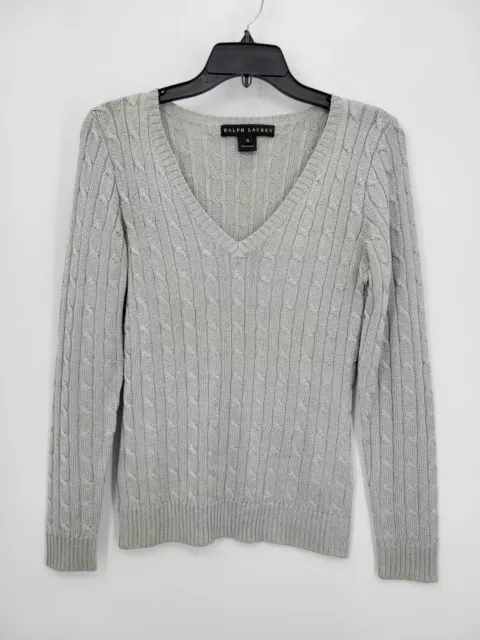 Ralph Lauren Black Label Sweater Womens V-Neck Silver Metallic Cable Knit