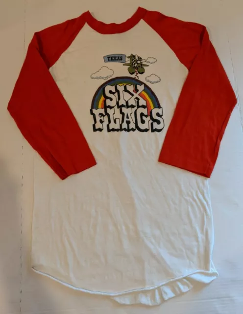 Vintage Texas Six Flags Amusement Park T-Shirt 3/4 Sleeve Red White Rainbow