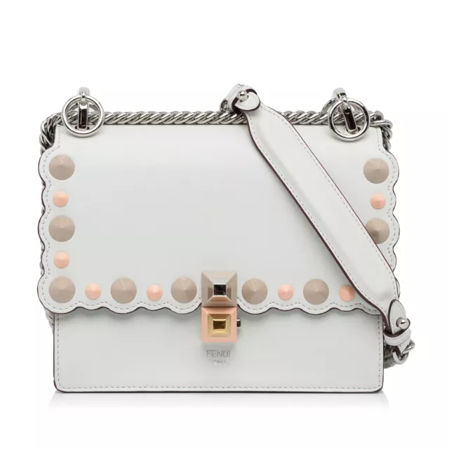 Authenticated Fendi Studded Scalloped Kan I Crossbody White Calf Leather Bag