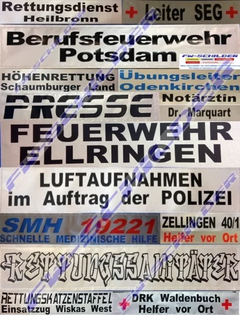 FEUERWEHR Rückenschild silber, reflektierend, 38 x 8 cm, Wunschtext, einzeilig