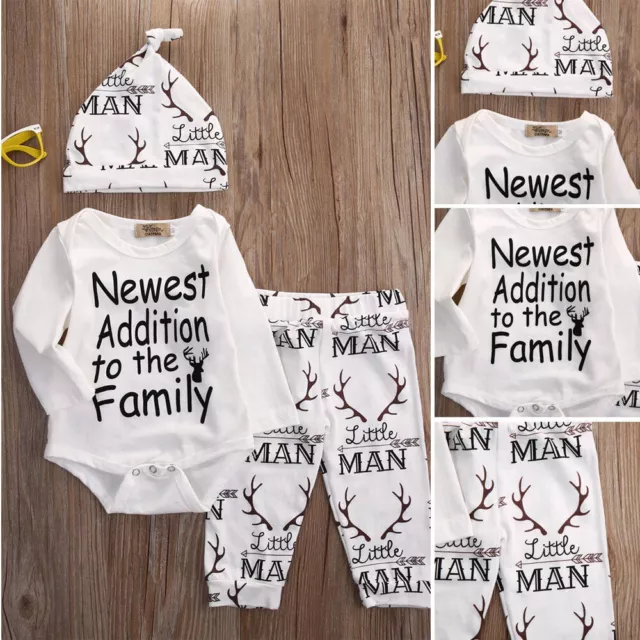 Newborn Kids Baby Boys Letter Clothes Romper Tops Pants Hat 3PCS Outfits Set