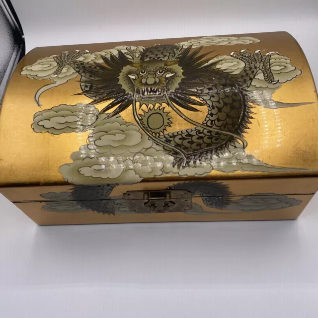 Asian Gold LACQUER ~ DRAGON Inlay - JEWELRY BOX Brass Lock