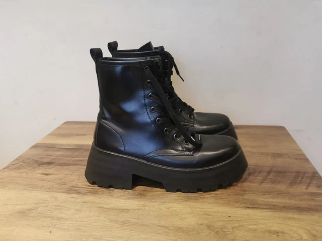 SCHUH LADIES BLACK Leather Lace Up Chunky Ankle Boots Uk Size 5
