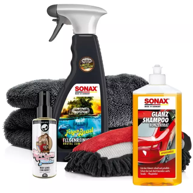 Auto Wasch Set - SONAX Autoshampoo + Felgenreiniger + Duftspray + Mikrofaser