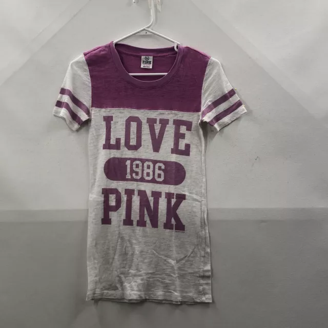 Victoria’s Secret Womens Gray Purple Love Pink 1986 Print Long T Shirt Size XS