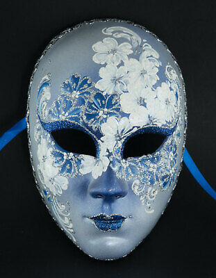 Mask from Venice Face Flowers Blue Silver Top Quality Painted Handmade 28 V53