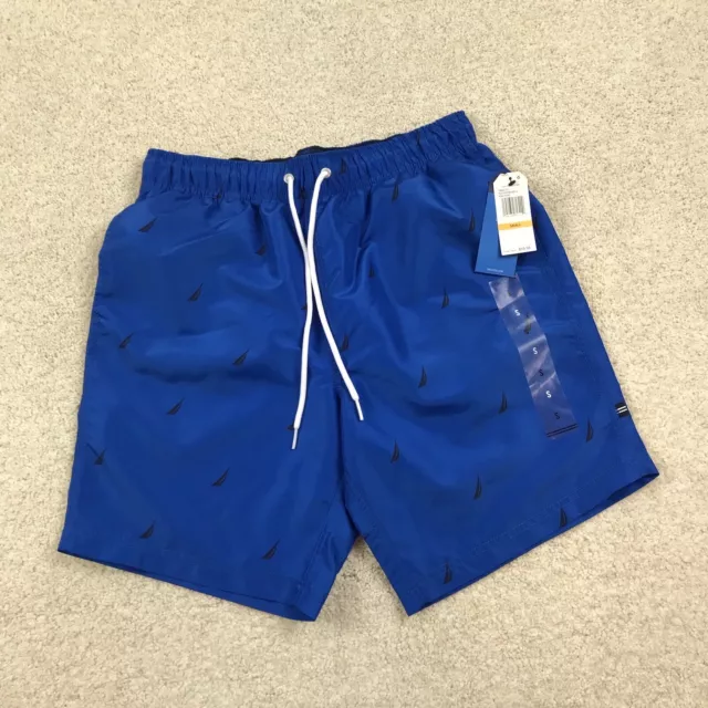 Nautica Mens Small Swim Trunks Shorts New All Over Print Logo Blue