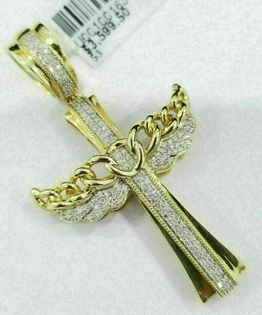 2Ct Round Cut Moissanite Angel Wings Cuban Cross Pendentif 14K Yellow Gold...
