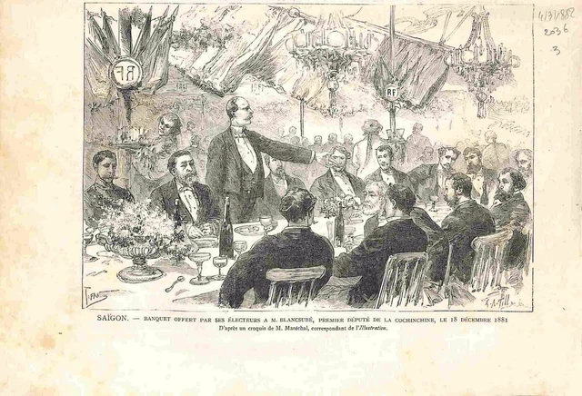 Saïgon Banquet Electeurs de Blancsubé Député de Cochinchine Vietnam GRAVURE 1882