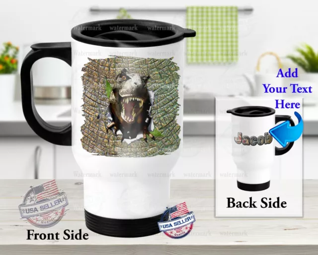 Personalized Stainless Steel Tumbler 14oz Travel Mug T-Rex Dinosaur Breaking Out