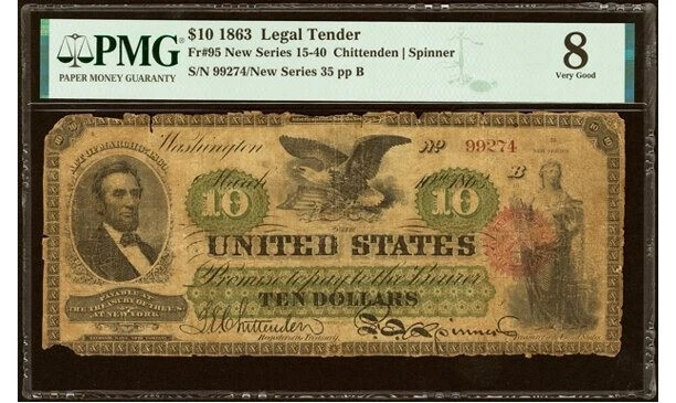 1863 Ten Dollar Bill $10 US Legal Tender Note Large Size VERY RARE FR#95 Lincoln