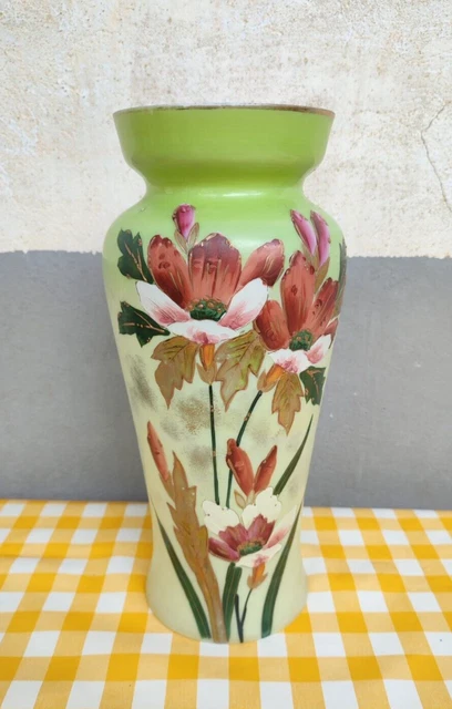 Vase En Verre Opalin émaillé Portrait Années 50 - Déco Vintage