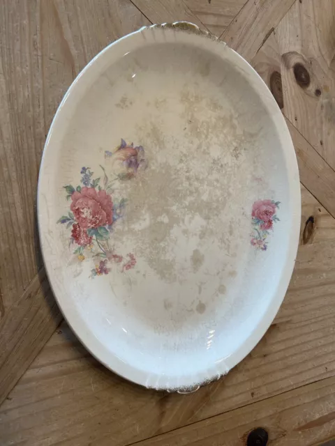 Vintage Paden City Pottery Floral Serving Platter w/ Gold Tab Handles