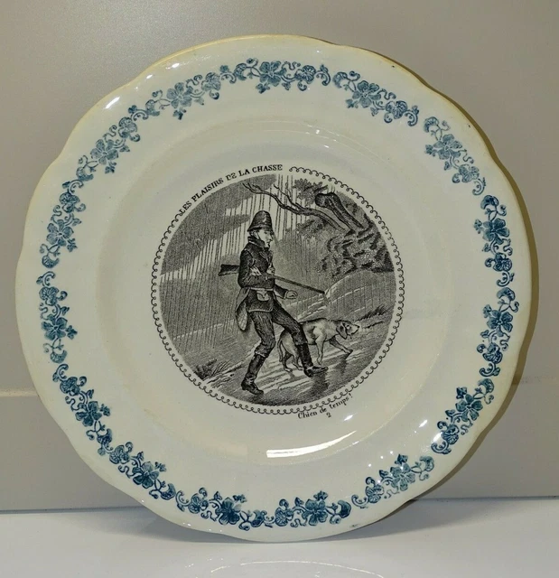 *Ancienne Assiette A Dessert Ceramique Longwy Les Plaisirs De La Chasse Vitrine