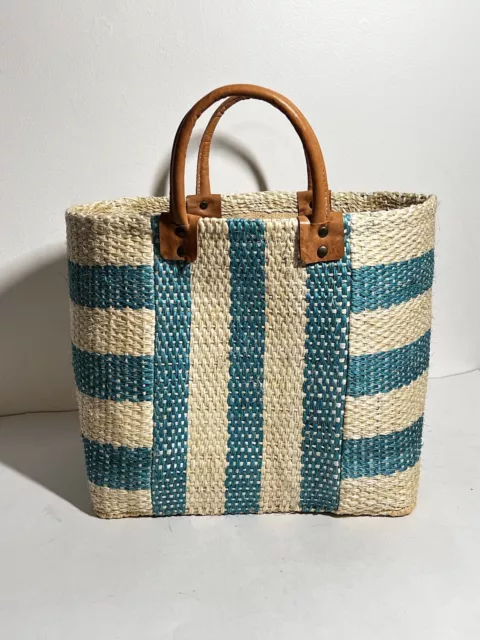 Mar Y Sol LN Teal/Cream Collins Sisal Tote Bag Leather Handles Beach Shopping