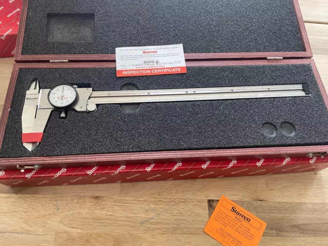 Starrett 120Z-12 Dial Caliper, 0-12”. With Wooden Case, White Dial Face