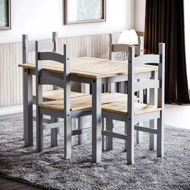 Corona Dining Table and Chairs Set 4 Seats Solid Pine Wood Frame Kitchen Grey