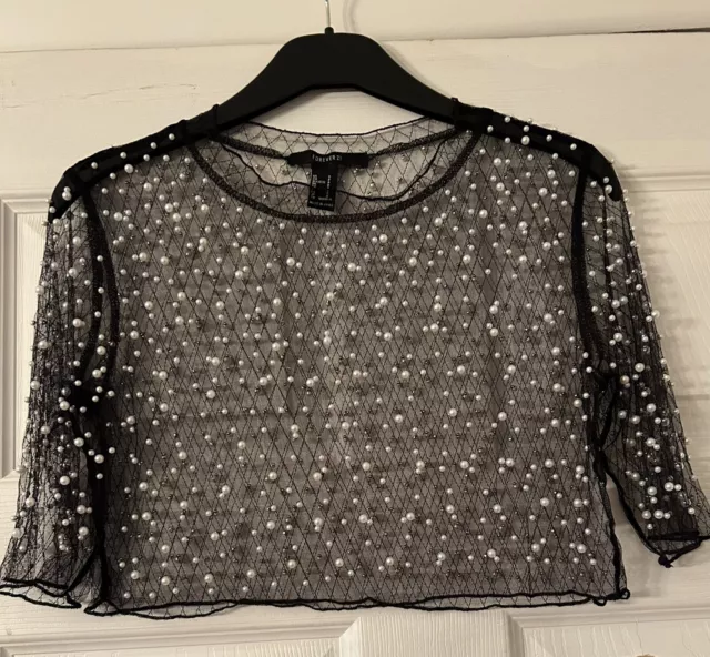 Forever 21 Sheer Mesh Crop Top Pearl Embellishments, Size Small Black