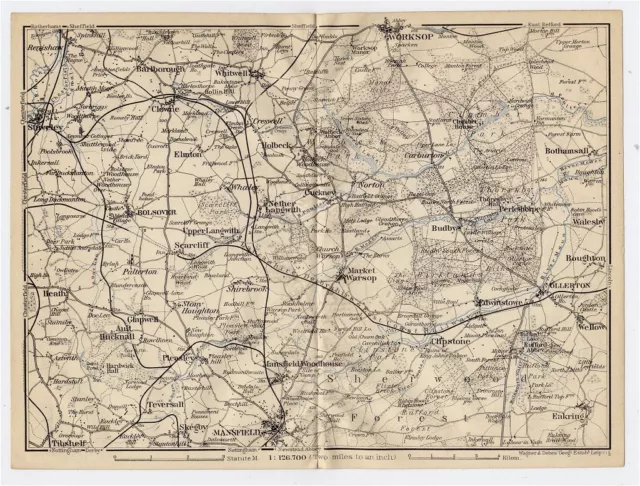 1906 Original Antique Map Vicinity Of Worksop Mansfield Sherwood Forest England