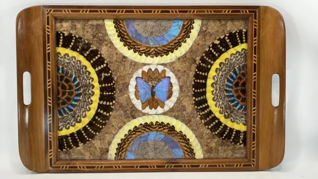 Vintage Handmade Brazilian Butterfly Wing Tray Inlaid Art Deco Wood 20" X 13"