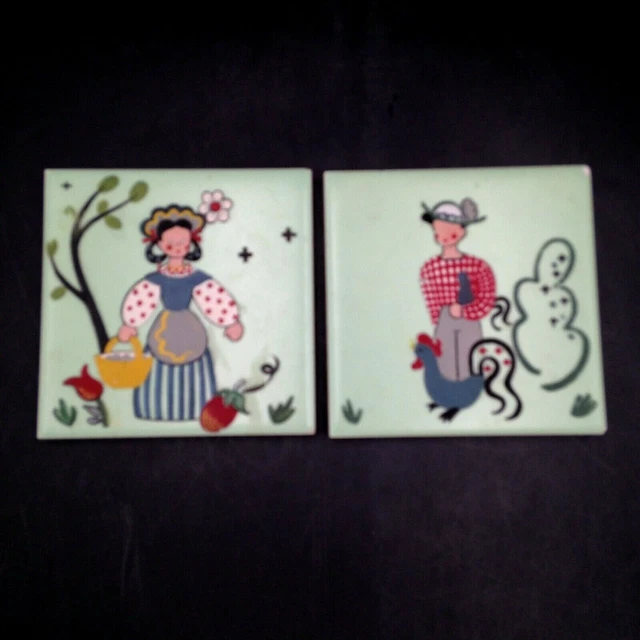 Vintage Ceramic Tiles Boy Girl Flowers Birds Hand Painted Folk Art Pair 4.25 In