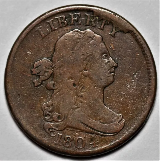 1804 Draped Bust Half Cent - Crosslet 4 W/Stems - Rim Cud - 1/2c Copper Penny