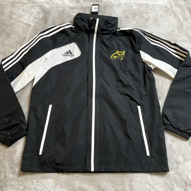 Adidas Munster Rugby Training Jacket Mens 42 44 L Black Logo Top Track Hood Zip