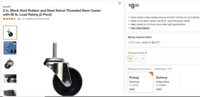 EVERBILT 2 LIGHT Duty Threaded Stem Casters - Rubber Wheels $36.00 -  PicClick