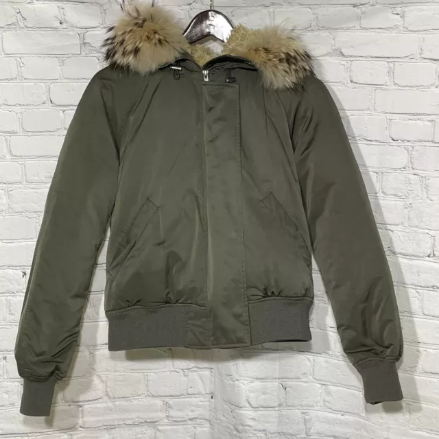 Theory Vimala Down Filled Raccoon Fur Hood Puffer Coat Green Sz SM Theory Vimala Down Filled Raccoon Fur Hood Puffer Coat Green Sz SM