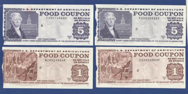 FOOD STAMP COUPON  4 COUPONS 2- $5.00- 2- $1.00 USDA AGRICULTURE scrip TOKEN