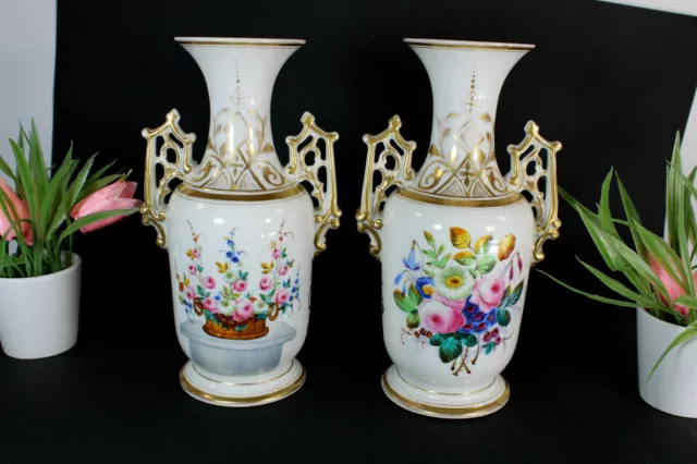 pair antique french vieux paris porcelain hand paint floral vases