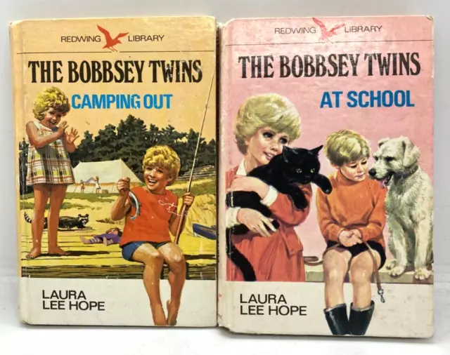 THE BOBBSEY TWINS by Laura Lee Hope- At School, Camping Out- 2 HBs, 1950's