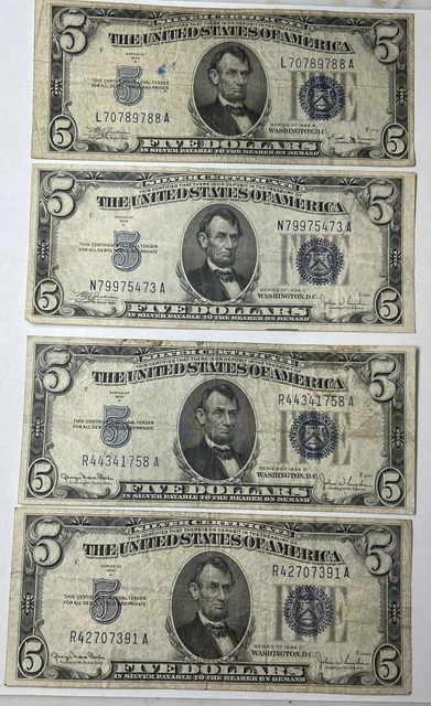 1934 $5 dollar silver certificates Blue Seals - 1934B, 1934C, 1934D (2) Lot Of 4