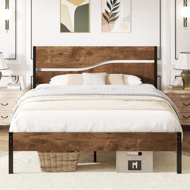 VECELO 4FT6 DOUBLE Bed Frame with Wood Headboard, 135×190 cm Metal ...