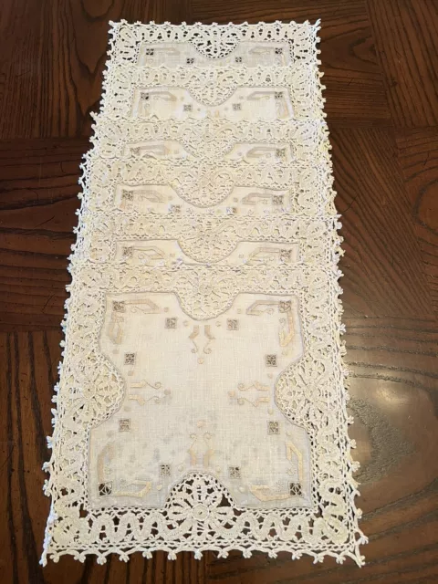 Antique Unused Edwardian Dessert Napkins Italian Bobbin Lace hand emb. Linen 3