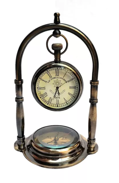 Compass with Antique Nautical Ship Table Clock, Desk Clock Maritime .gift