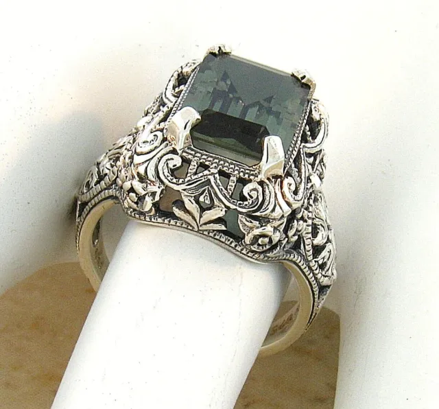 Deco Antique Style 925 Sterling Silver 4.5 Ct Green Sim Tourmaline Ring     532Z