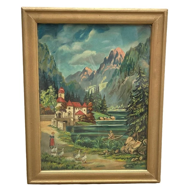 Litografía Enmarcado Europeo Pastoral País Escena Young Oro Marco