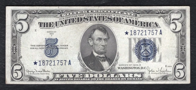 Fr. 1654* 1934-D $5 Five Dollars *Star* Silver Certificate Currency Note Vf+