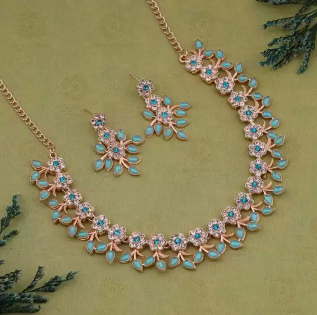 Indian Bollywood Kundan Rose Plated Sky Blue Choker Necklace Fashion Jewelry Set