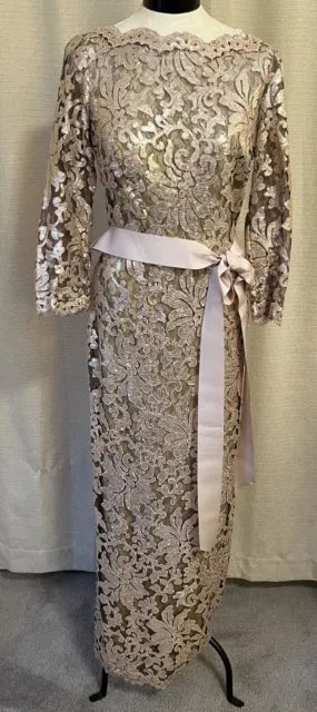 Women's Tadashi Shoji Formal Long DRESS Size 12 Champagne Lace Mother Wedding