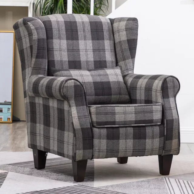 Fabric Upholstered Armchair Grey Tartan Living Room Fireside Chair Bucket Seat