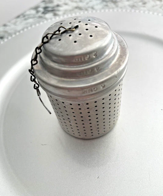Vintage Large Aluminum 3" Tea Steeper With Chain And Measurements 2-6 cups