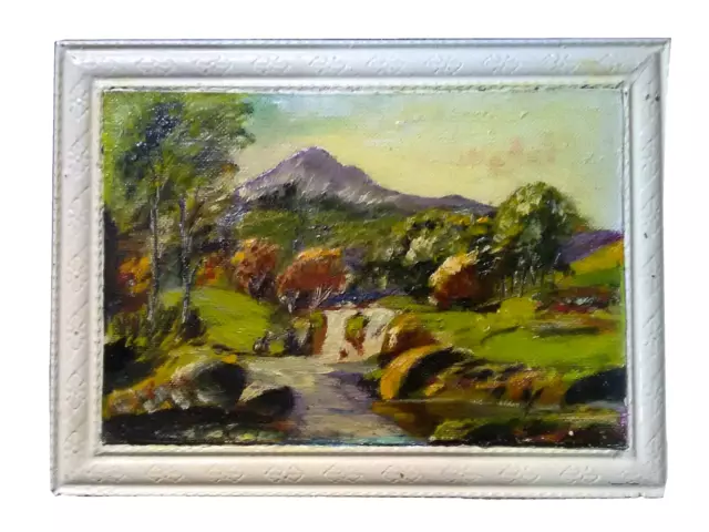 Vintage Landscape Oil Painting River Mountain Fisherman Scottish Highlands