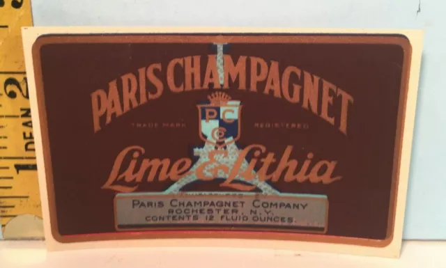 Vintage Paris Champagnet Lime & Lithia Label Paris Champagnet Co. Rochester NY