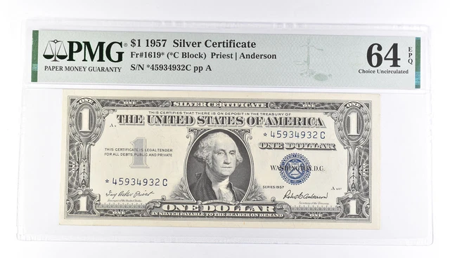 1 1957 Silver Certificate PMG 64 EPQ Gem New, Fr# 1619* (*C Block) *533