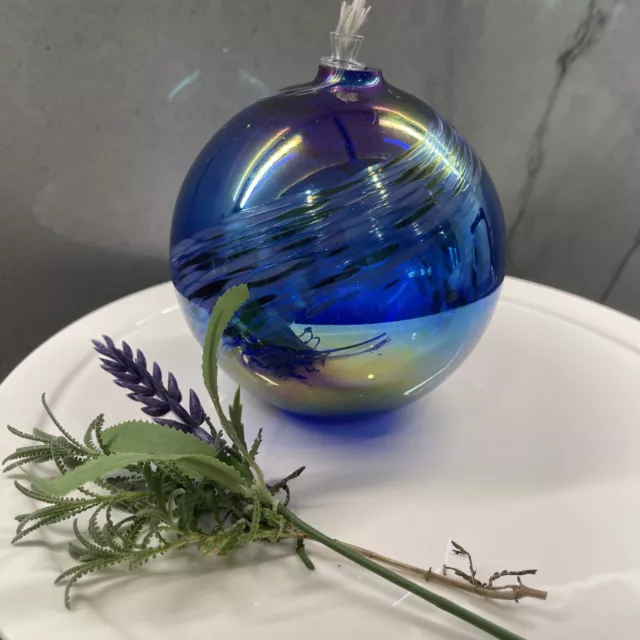 Blown Art Glass Oil Lamp Weed Vase Cobalt Blue Green Swirl Iridescent Luster